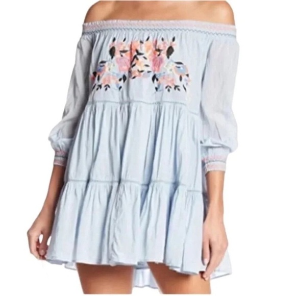 Free People Sunbeams A line Dress Womens Blue Off the Shoulder Boho Festival XS - Picture 14 of 14